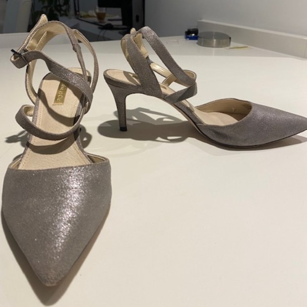 grey SHIMMER silver ankle wrap sling back pumps